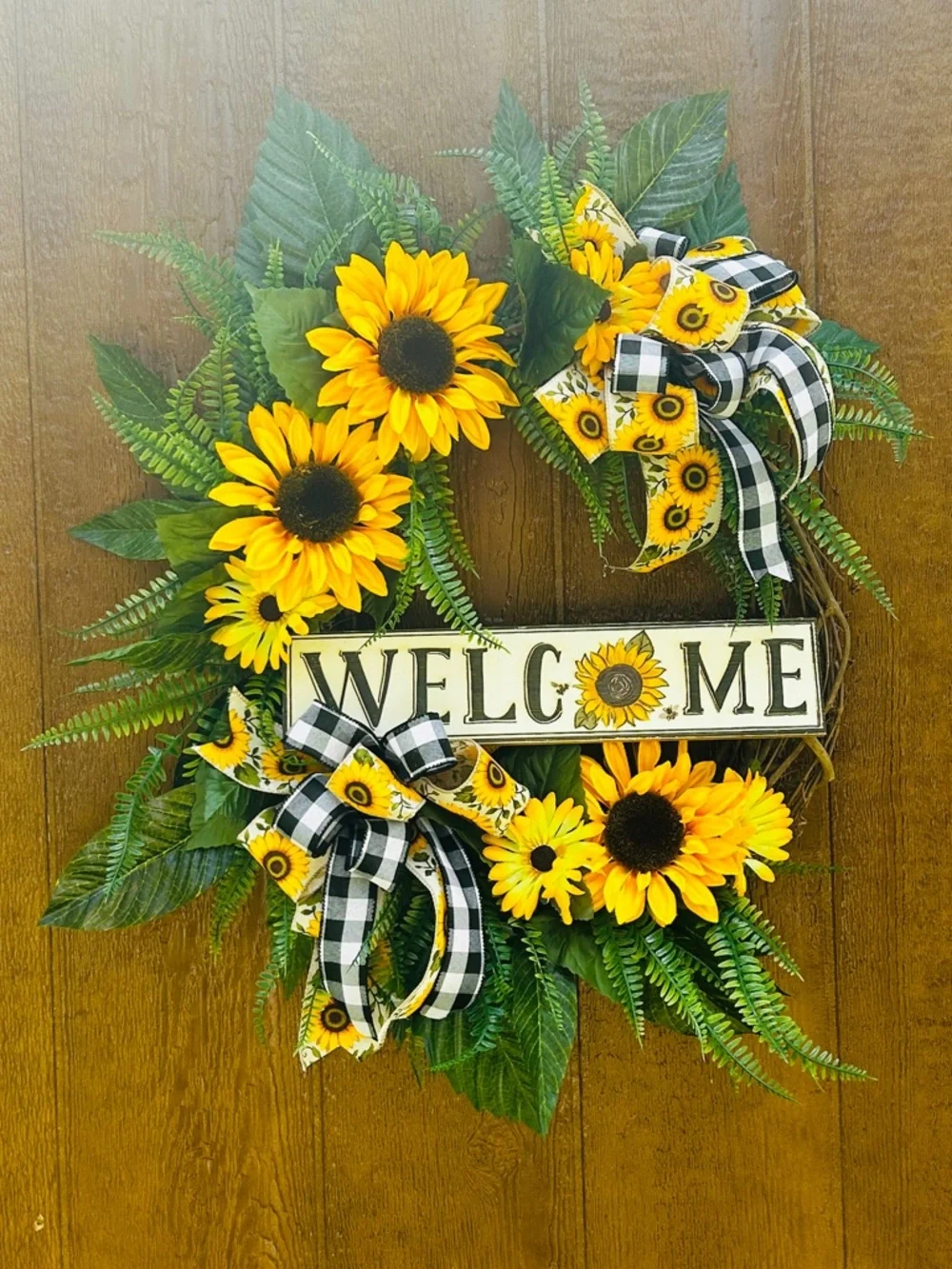 Handmade Sunflower Welcome Wreath with Black Check Bows
